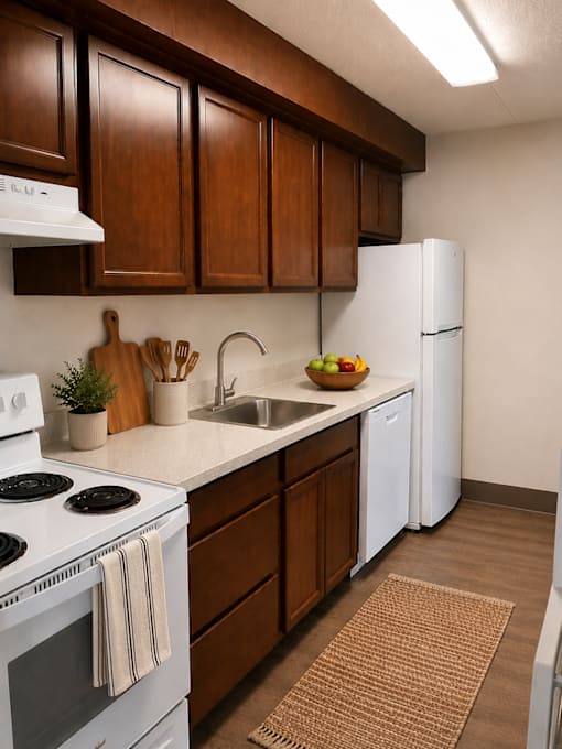 A kitchen with a white stove top oven and a white refrigerator.