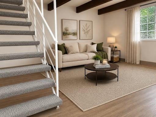 A living room with a staircase, couch, and coffee table.