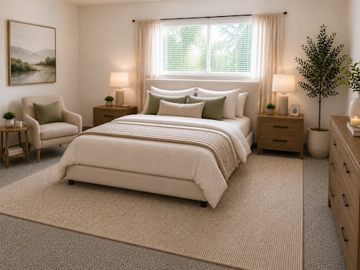A bedroom with a large bed, a chair, a nightstand, and a plant.