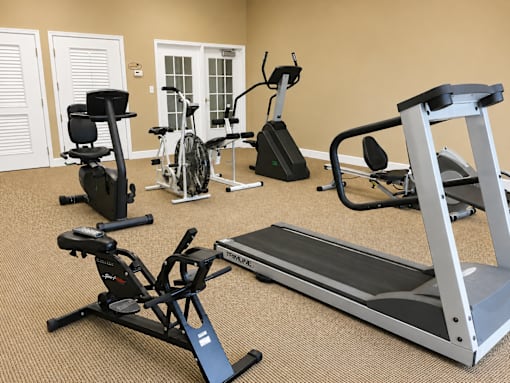 A home gym with a treadmill, stationary bike, and rowing machine.