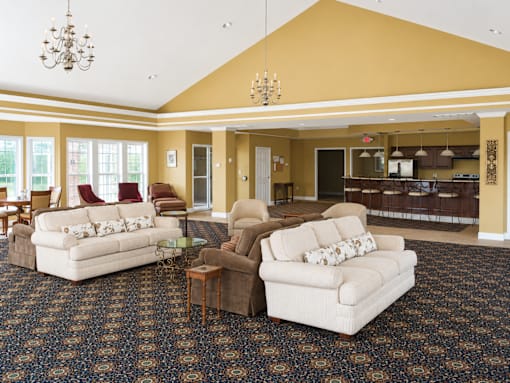 A living room with two couches and a chandelier.