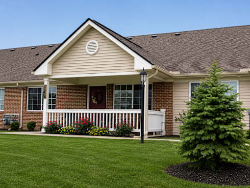 A house with a white porch and a tree in front.