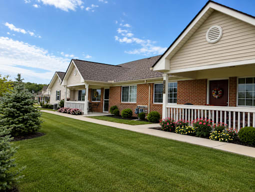 A row of houses with white picket fences and flower gardens in front.