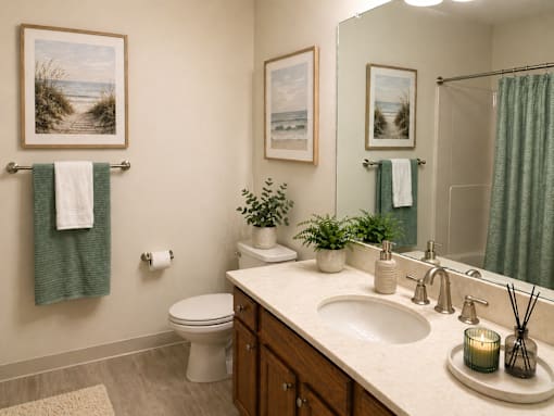 A bathroom with a toilet, sink, and a mirror.