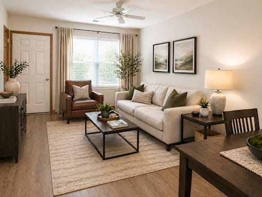A living room with a white couch, a brown chair, and a coffee table.