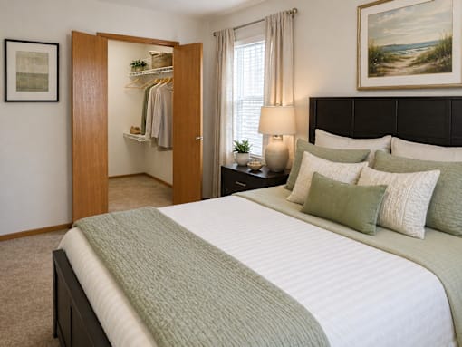 A bedroom with a large bed and a painting on the wall.