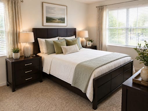A bedroom with a large bed, two lamps, and a painting on the wall.