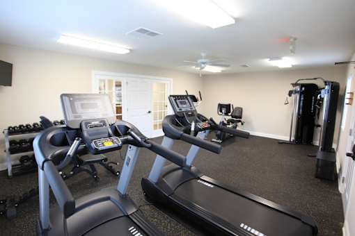 A gym with treadmills and elliptical machines.