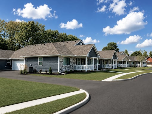 A row of houses with a clear blue sky above them.