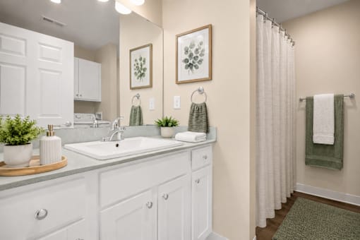 A bathroom with a white sink and a green rug.