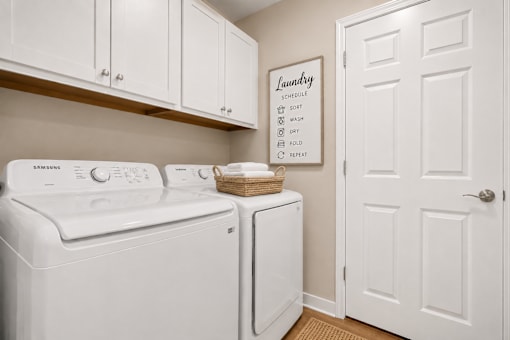 Laundry sign on wall above washer and dryer.