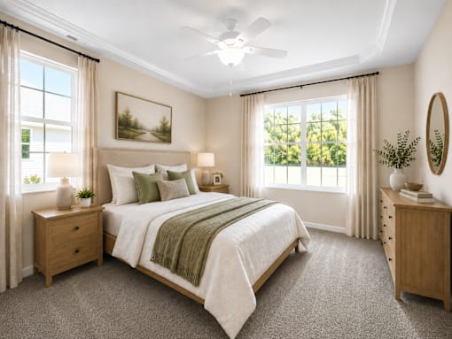 A bedroom with a bed, two nightstands a dresser and two windows.