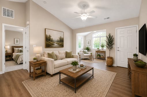 A living room with a couch, end tables and a coffee table in front of a sunroom.