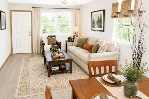 A living room with a couch, coffee table, and a rug.