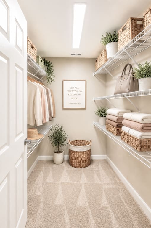 A bathroom with a quote on the wall and a basket on the floor.