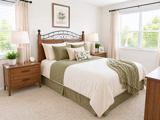 A bedroom with a bed, nightstands, and a window.
