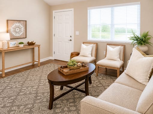 A living room with a white door, two white chairs, and a wooden coffee table.