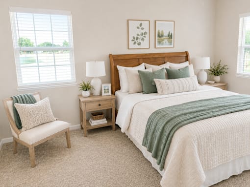 A bedroom with a bed, chair, and two nightstands.