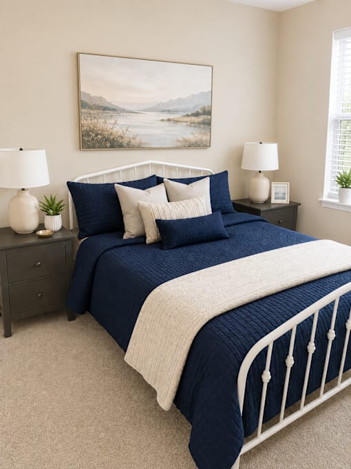 A bedroom with a large bed, a nightstand with a lamp, and a painting on the wall.