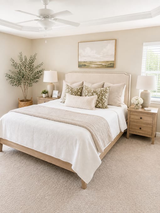 A bedroom with a large bed, a ceiling fan, and a painting on the wall.