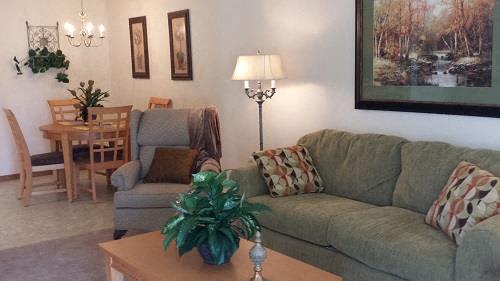 A living room with a grey couch, a wooden table, a lamp, a potted plant, and a framed picture on the wall.