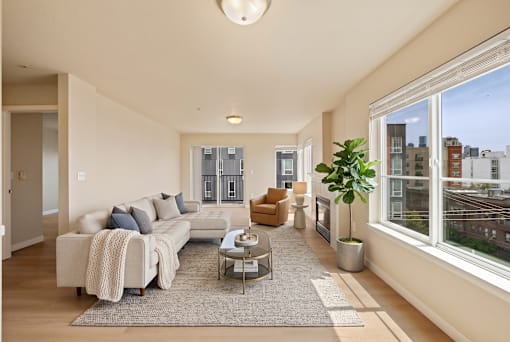 A living room with a couch, chair, and potted plant.