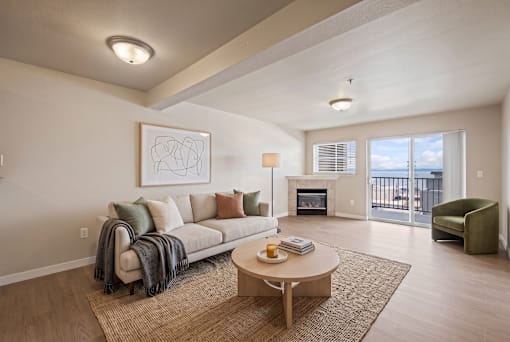 A living room with a couch, coffee table, and a fireplace.