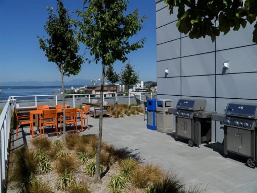 the deck of the building has a picnic table and barbecue grill