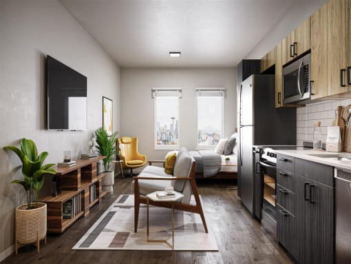 an apartment with a kitchen and a living room