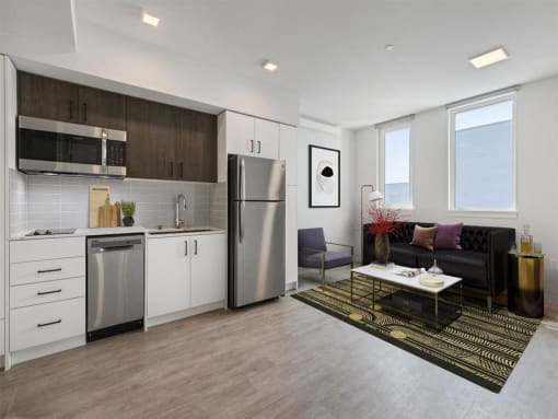 a rendering of a living room with a kitchen and