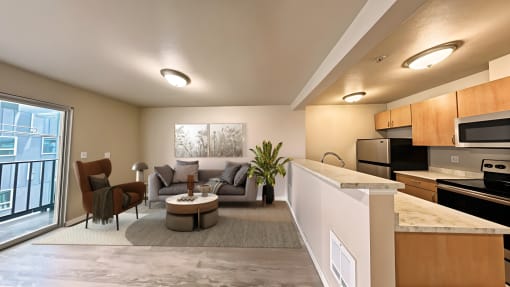 a living room with a couch and a table