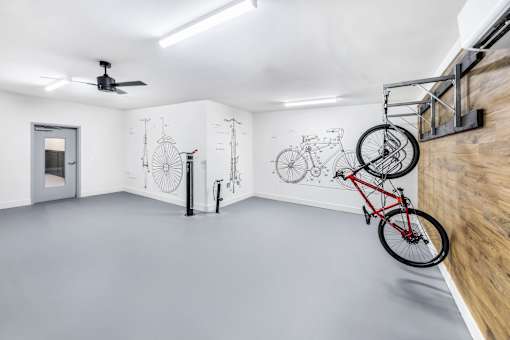A room with a bicycle hanging on the wall and a fan on the ceiling.