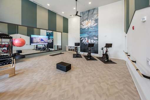 A yoga studio with a large mural on the wall.