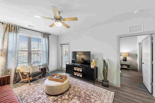 A living room with a flat screen TV, a couch, a chair, a rug, a potted plant, and a ceiling fan.