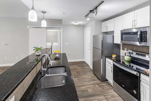 A modern kitchen with stainless steel appliances and a black countertop. at West Inman Lofts, Georgia, 30312