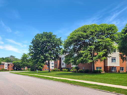 A row of houses with green trees in front at Rose Hill Estates, Norwich, CT, 06360
