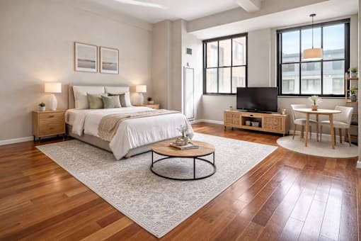 A bedroom with a large bed, a television, and a table with chairs.
