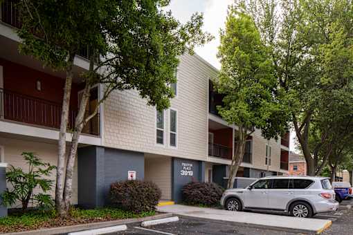 A silver car is parked in front of apartment number 3919.