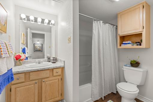 A bathroom with a toilet, sink, and shower.