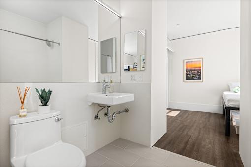 A white bathroom with a toilet, sink, mirror, and a plant.