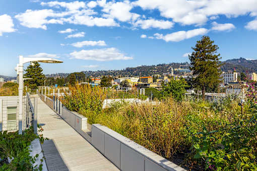 A walkway with a metal railing and a lamp post on the left side.