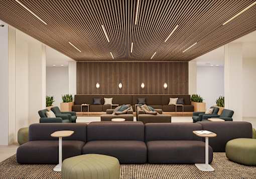 A modern living room with a wooden ceiling and a variety of seating options.