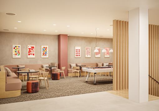 A modern dining area with a long table and chairs.