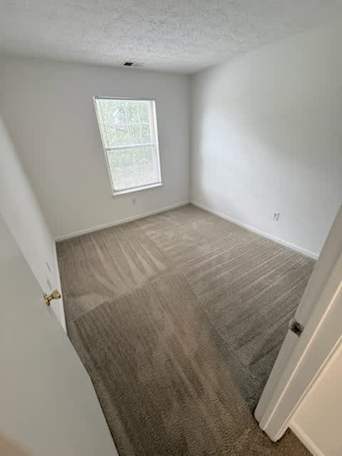 A room with a carpeted floor and a window.