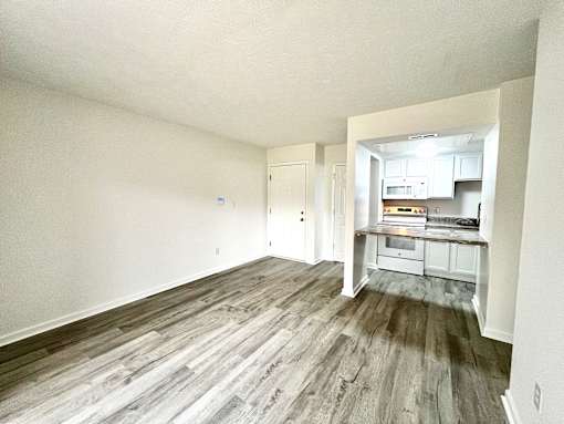 A room with a kitchen area in the background.