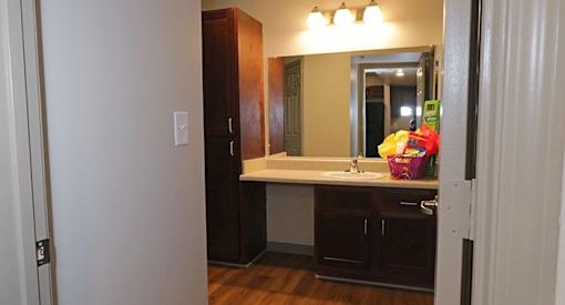 a bathroom with a sink and a mirror