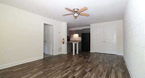 affordable section 8 stone mountain  living room with a ceiling fan and a kitchen