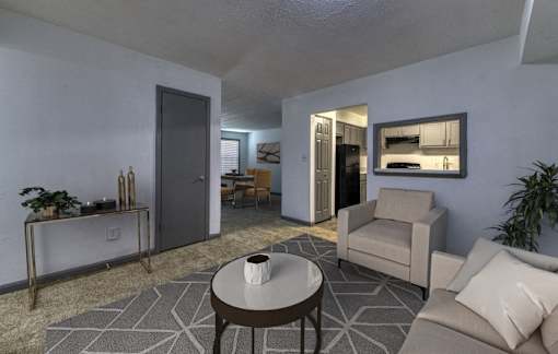 a living room with a couch and a coffee table