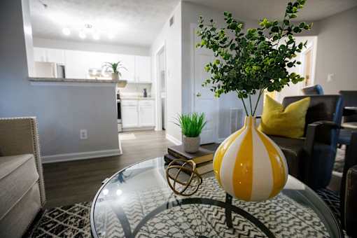 a living room with a glass table and a vase with a plant