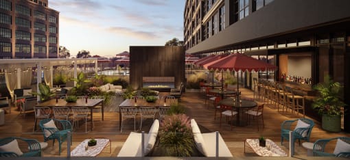 a rendering of the rooftop patio of the new kimpton rowan palm springs hotel